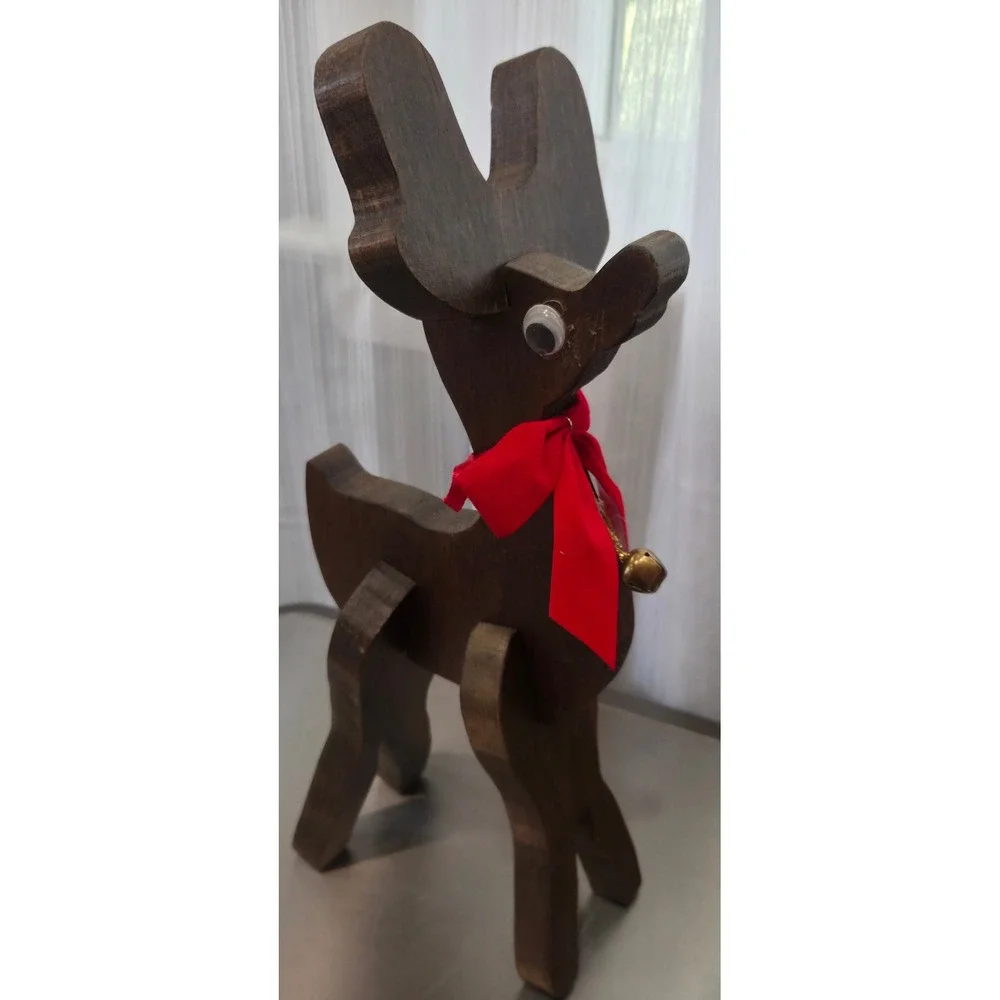 Vintage Handmade Wooden Reindeer Figurine Rustic Christmas Decor Red Bow Bell